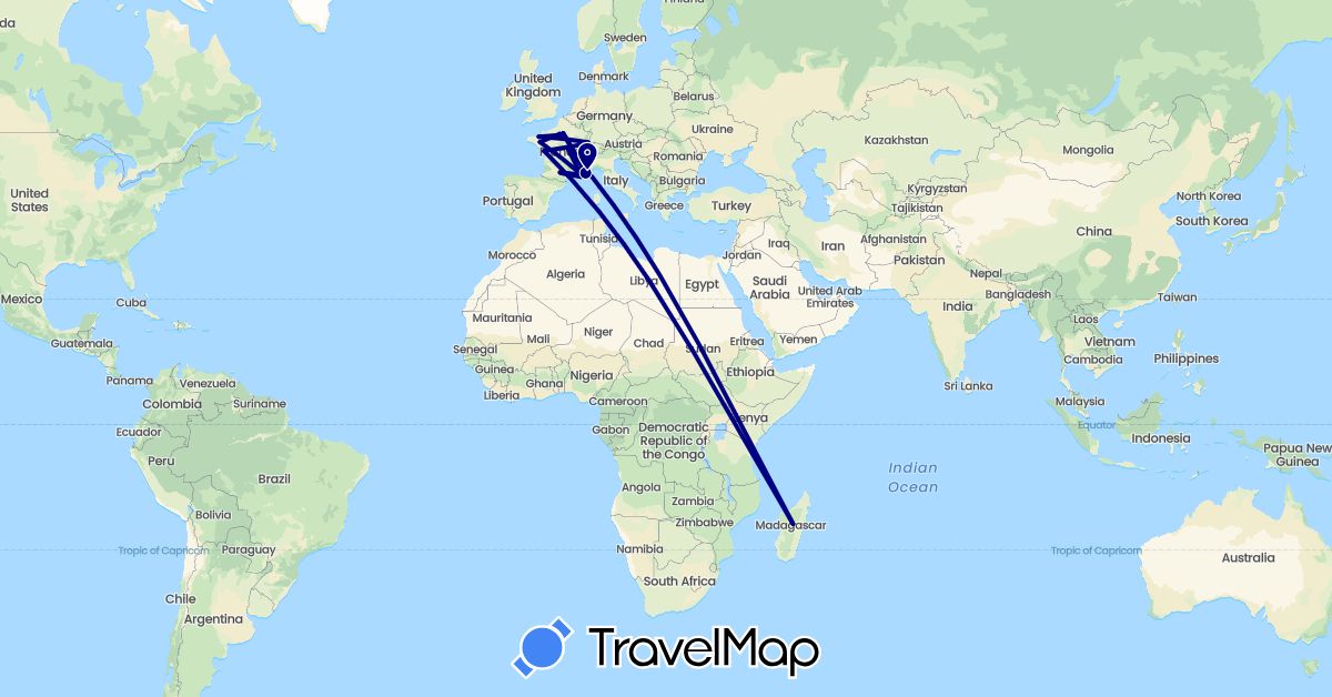 TravelMap itinerary: driving in Switzerland, France, Madagascar (Africa, Europe)
